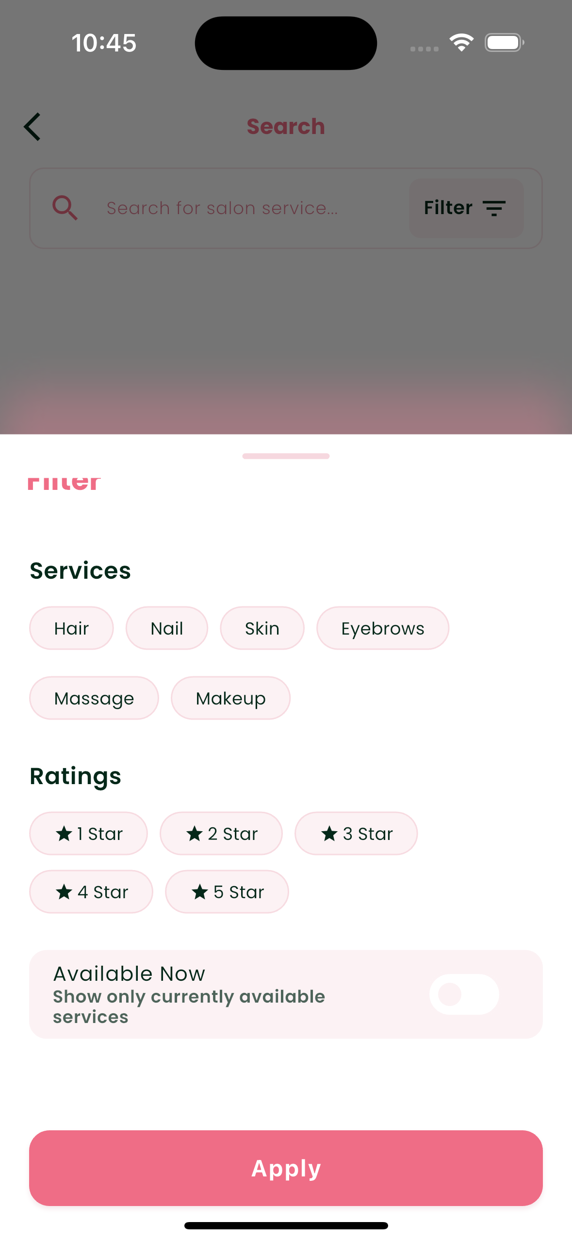 BEAUTEE customer app filter view
