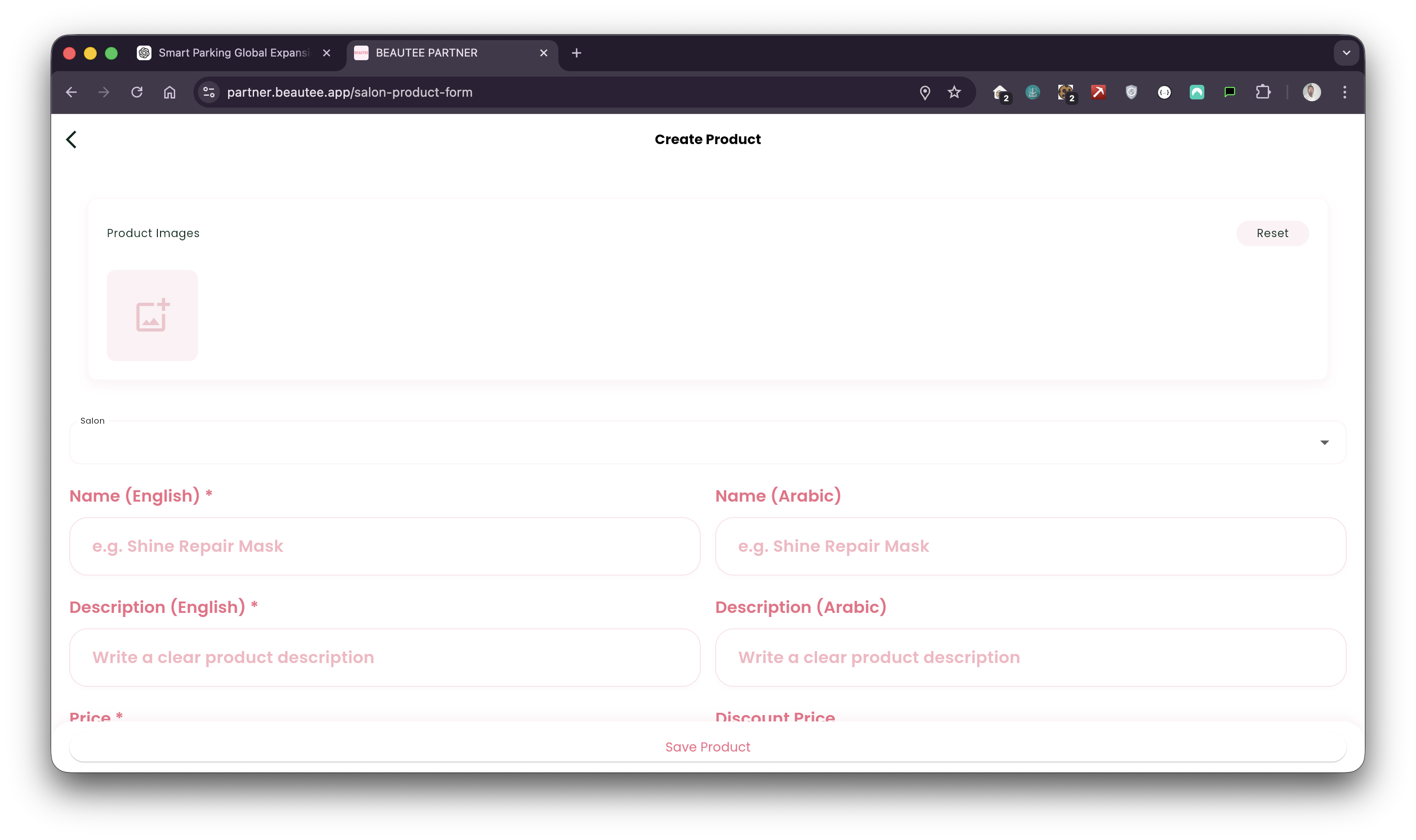 BEAUTEE salon staff portal create product view