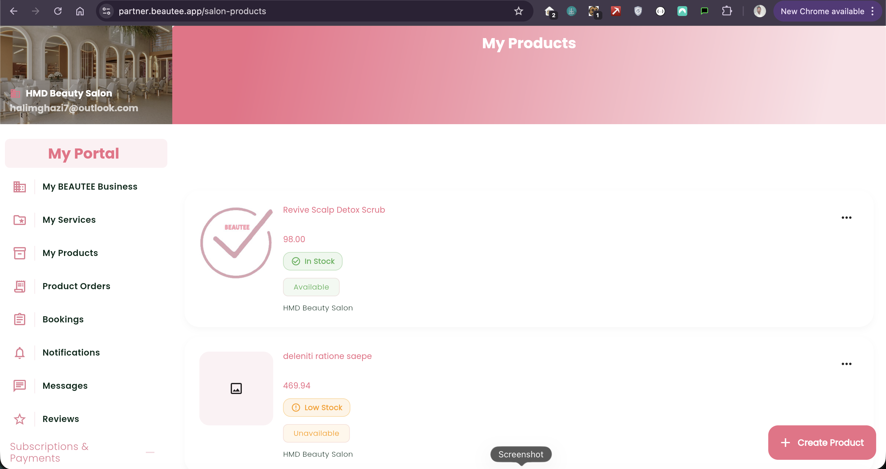 Salon staff portal preview