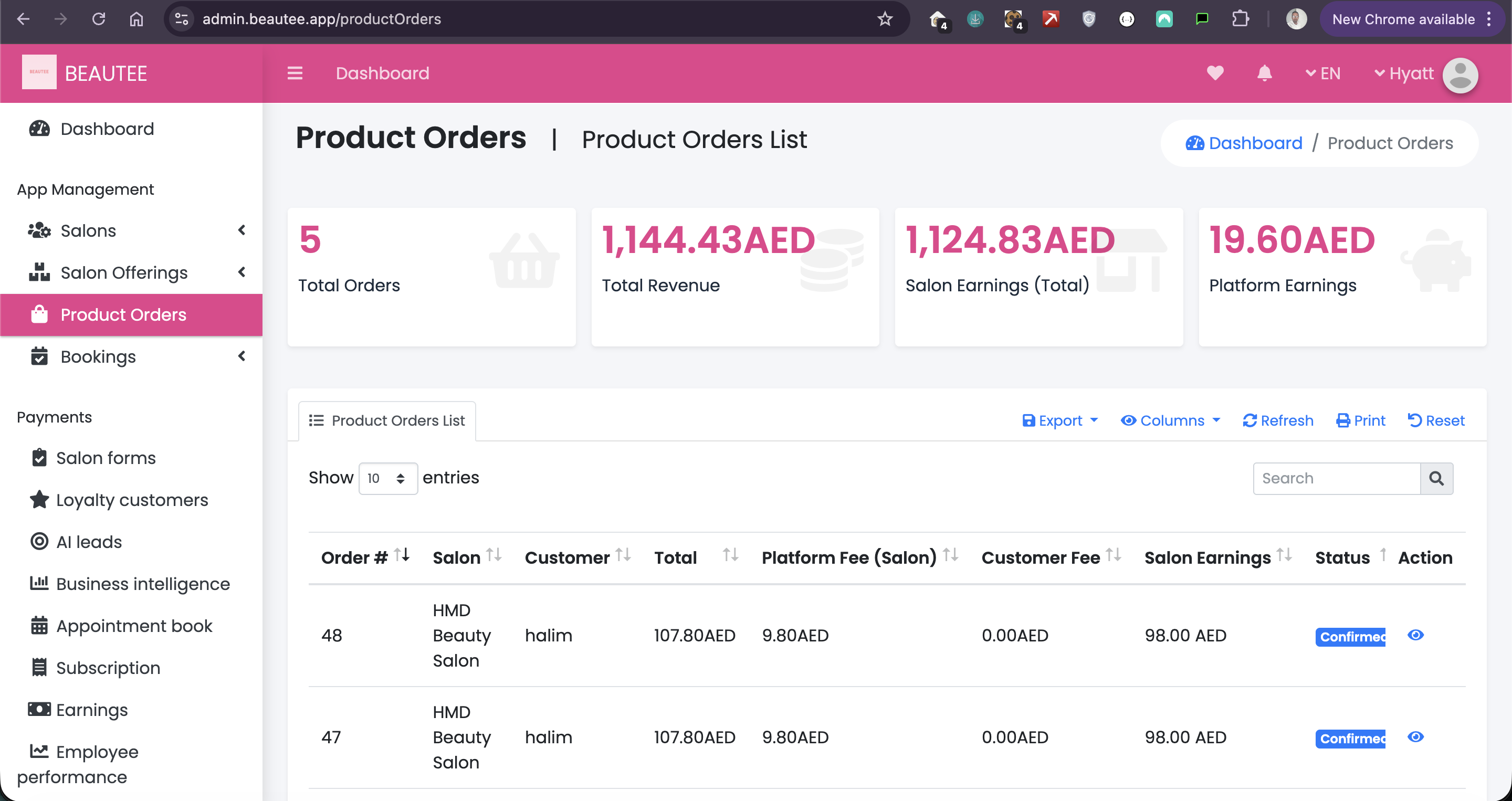 BEAUTEE partner product orders view